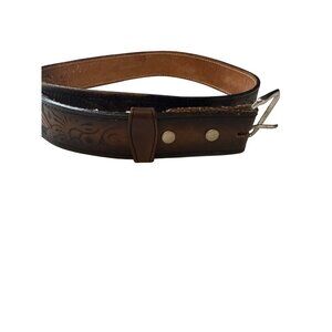 Vintage Tooled Leather Belt With Floral Design & Metal Buckle Size 34